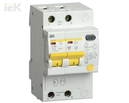 MAD13-2-063-C-100 | Дифференциальный автоматический выключатель АД12S 2Р 63А 100мА | IEK
