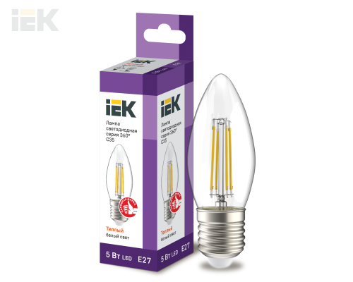 LLF-C35-5-230-30-E27-CL | Лампа светодиодная C35 свеча прозрачная 5Вт 230В 3000К E27 серия 360° | IEK