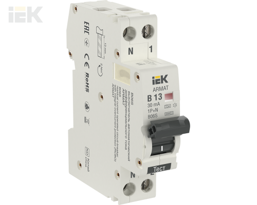 AR-B06S-1N-B13A030 | ARMAT Автоматический выключатель дифференциального тока B06S 1P+NP B13 30мА тип A (18мм) | IEK