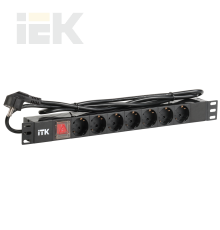 ITK PDU 7 розеток нем. стандарт, с LED выключателем,1U, шнур 2м вилка нем. стандарт, алюминиевый профиль
