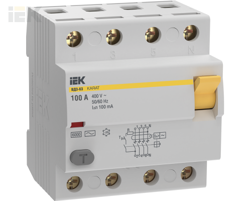 MDV20-4-100-100 | Выключатель дифференциальный (УЗО) KARAT ВД3-63 4P 100А 100мА 6кА тип AC | IEK