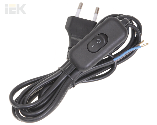 WUP20-02-K02 | Шнур УШ-1КВ опрессованный с вилкой со встроенным выключателем 2х0,75/2м черный | IEK