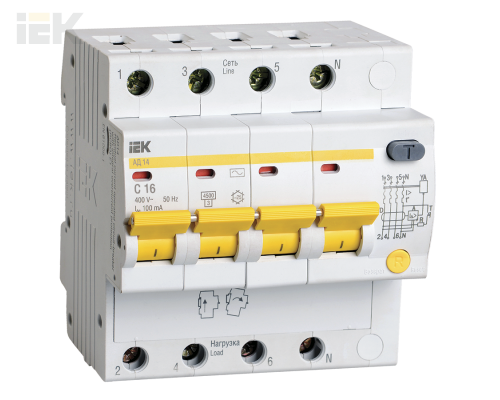 MAD10-4-016-C-100 | Дифференциальный автоматический выключатель АД14 4Р 16А 100мА | IEK