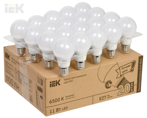 LLE-A60-11-230-65-E27-20 | Лампа светодиодная A60 шар 11Вт 230В 6500К E27 (20шт/жкхпак) | IEK