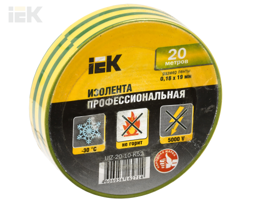 UIZ-20-10-K52 | Изолента 0,18х19мм желто-зеленая 20м | IEK