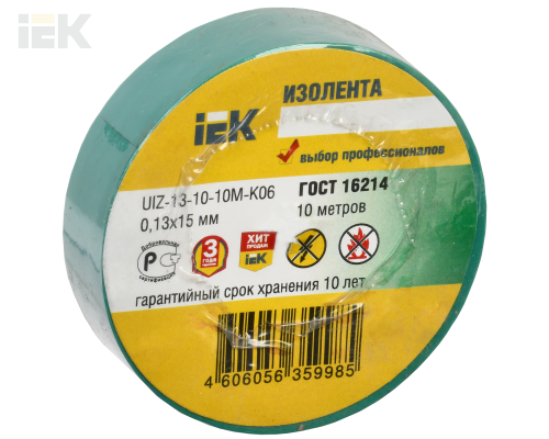 UIZ-13-10-10M-K06 | Изолента 0,13х15мм зеленая 10м | IEK